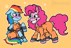 Size: 3695x2500 | Tagged: safe, artist:manticorpse, pinkie pie, rainbow dash, g4, blushing, bound wings, chained, chains, clothes, high res, jumpsuit, never doubt rainbowdash69's involvement, prison outfit, prisoner pp, prisoner rd, shackles, varying degrees of want, wings