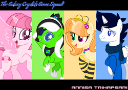 Size: 2152x1527 | Tagged: safe, artist:muhammad yunus, artist:raqueldamaris2000, artist:teahie821, oc, oc:annisa trihapsari, oc:light starole, oc:little bee, oc:teahie, alicorn, earth pony, pony, unicorn, series:the galaxy crystal gems squad, series:the guardian of leadership, g4, black background, blue background, clothes, eyepatch, female, green background, grin, gritted teeth, group, looking at you, magic, male, mare, open mouth, open smile, pink background, signature, simple background, smiling, smiling at you, socks, stallion, striped socks, teeth, text, yellow background