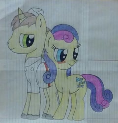Size: 542x565 | Tagged: artist needed, safe, bon bon, donut joe, sweetie drops, earth pony, pony, unicorn, g4, blushing, clothes, duo, female, lined paper, male, mare, ship:bonjoe, shipping, stallion, straight, traditional art