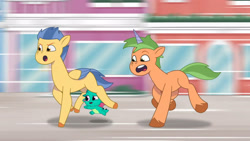 Size: 3072x1727 | Tagged: safe, screencap, grassy hills, lemon gear, sparky sparkeroni, dragon, pegasus, pony, unicorn, g5, my little pony: tell your tale, sparkle school, spoiler:g5, spoiler:my little pony: tell your tale, spoiler:tyts01e58, :o, baby, baby dragon, eyebrows, male, not flash sentry, open mouth, open smile, raised eyebrow, smiling, stallion, trio, trio male, unnamed character