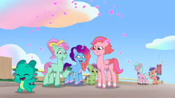 Size: 3072x1727 | Tagged: safe, screencap, berries (g5), dahlia, minty skylark, misty brightdawn, skysport, sparky sparkeroni, windy, dragon, earth pony, pegasus, pony, unicorn, g5, my little pony: tell your tale, sparkle school, spoiler:g5, spoiler:my little pony: tell your tale, spoiler:tyts01e58, :o, baby, baby dragon, colt, cute, eyes closed, female, foal, frown, male, mare, open mouth, open smile, rebirth misty, smiling, sparkybetes, stallion, unnamed character
