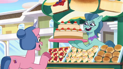 Size: 3072x1727 | Tagged: safe, screencap, delightful trifle, plum library, earth pony, pony, unicorn, g5, my little pony: tell your tale, sparkle school, spoiler:g5, spoiler:my little pony: tell your tale, spoiler:tyts01e58, cake, duo, duo female, female, food, mare, open mouth, open smile, smiling, unnamed character