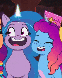 Size: 280x352 | Tagged: safe, official comic, screencap, hitch trailblazer, izzy moonbow, misty brightdawn, sunny starscout, earth pony, pegasus, pony, unicorn, g5, my little pony: tell your tale, sparkle school, spoiler:comic, spoiler:g5, spoiler:my little pony: tell your tale, spoiler:tyts01e58, animated, bracelet, cropped, eyes closed, female, freckles, friendship bracelet, graduation cap, hat, hoofbump, jewelry, looking at each other, looking at someone, magic glow, mare, rebirth misty, smiling, youtube link