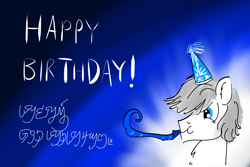 Size: 4200x2800 | Tagged: safe, artist:horsesplease, double diamond, g4, birthday, constructed language, doodle, happy birthday, hat, party hat, party horn, rabydosverse, vovtarla, vovtarlan