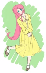 Size: 1200x1920 | Tagged: safe, anonymous artist, fluttershy, human, g4, clothes, dress, female, hands together, head tilt, humanized, looking at you, mary janes, raised leg, shoes, solo, standing, standing on one leg, yellow dress