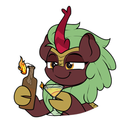 Size: 2546x2500 | Tagged: safe, artist:ljdamz1119, edit, cinder glow, summer flare, kirin, g4, :t, bottle, bust, cloven hooves, female, glass, high res, hoof hold, lidded eyes, molotov cocktail, pun, simple background, smiling, smirk, smug, sticker, this will end in death, this will end in tears, this will end in tears and/or death, transparent background, visual pun