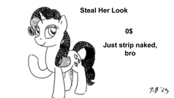 Size: 1200x675 | Tagged: safe, artist:pony-berserker, rarity, pony, unicorn, pony-berserker's twitter sketches, pony-berserker's twitter sketches (2023), g4, meme, meme reference, monochrome, simple background, solo, steal her look, white background