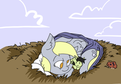 Size: 3508x2427 | Tagged: safe, artist:ponny, derpy hooves, oc, oc:filly anon, earth pony, pegasus, pony, g4, behaving like a bird, blanket, colored, female, filly, foal, high res, nest, nesting instinct, pillow, smiling