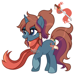 Size: 1970x2000 | Tagged: safe, artist:dixieadopts, oc, oc only, oc:silent leaf, pony, unicorn, beauty mark, blaze (coat marking), blue eyes, clothes, coat markings, eyeshadow, facial markings, female, horn, jewelry, katana, lidded eyes, long scarf, makeup, mare, open mouth, ponytail, raised hoof, scarf, simple background, smiling, socks, solo, standing, sword, tail, tail jewelry, transparent background, unicorn oc, weapon