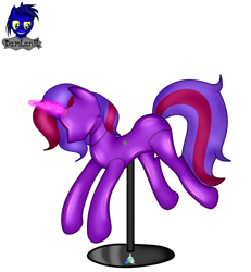 Size: 3840x4154 | Tagged: safe, artist:damlanil, oc, oc:violet rose ze vampony, alicorn, bat pony, bat pony alicorn, pony, bat wings, bondage, clothes, collar, commission, crystal horn, encasement, fake horn, female, horn, inanimate tf, latex, magic, magic aura, mannequin, mannequin transformation, mare, no mouth, objectification, pedestal, petrification, ponyquin, rubber, shiny, show accurate, simple background, solo, transformation, transparent background, vector, wings