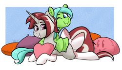 Size: 1173x681 | Tagged: safe, artist:cadetredshirt, oc, goo, goo pony, original species, pony, unicorn, black outlines, blushing, bow, cel shading, clothes, commission, couple, digital art, ear fluff, female, heart, heart pillow, looking at you, lying down, mare, one eye closed, pillow, shading, short hair, simple background, smiling, smiling at you, socks, tail, tail bow, two toned mane, two toned tail, wink, ych result