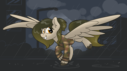Size: 3840x2160 | Tagged: safe, artist:cadetredshirt, oc, oc only, pegasus, pony, clothes, commission, dancing, digital art, hair bun, high res, looking at you, rain, simple background, smiling, solo, spread wings, sweater, tail, two toned mane, two toned tail, unshorn fetlocks, wings