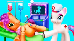 Size: 1280x720 | Tagged: safe, artist:lalilu land, sunny starscout, zipp storm, earth pony, pegasus, pony, g5, baby, baby pony, blood, blue background, cursed image, cyan background, duo, duo female, female, glitter, hat, here we go again, hospital, it came from youtube, lying down, machine, mare, nightmare fuel, nurse, nurse hat, nurse outfit, preggy starscout, pregnant, simple background, smiling, stars, stop motion, thumbnail, toy, wat, weird youtube kids video, wingless, wrong cutie mark, x-ray picture, youtube thumbnail