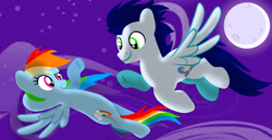 Size: 1980x1020 | Tagged: safe, artist:mlplary6, rainbow dash, soarin', pegasus, pony, g4, boyfriend and girlfriend, female, flying, looking at each other, looking at someone, male, mare, moon, moonlight, night, ship:soarindash, shipping, sky, smiling, smiling at each other, stallion, straight