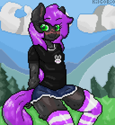 Size: 1280x1390 | Tagged: safe, artist:kilgorio, oc, oc only, oc:lucy violetmane, earth pony, anthro, anthro oc, aseprite, black fur, clothes, denim, denim shorts, detailed background, earth pony oc, femboy, full body, green eyes, looking at you, male, pixel art, purple hair, shorts, socks, solo, stallion, striped socks, thigh highs