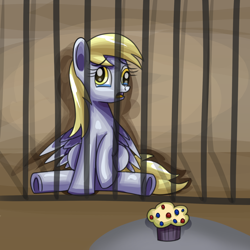 Size: 1920x1920 | Tagged: safe, artist:platinumdrop, derpy hooves, pegasus, pony, g4, abuse, alone, commission, cruel, cruel and unusual punishment, crying, cute, derpybuse, female, food, imprisoned, indoors, jail cell, mare, muffin, muffin denial, open mouth, prisoner, raised hoof, sad, sadorable, sitting, solo, table, tears of sadness, teary eyes, underhoof, wings, wings down