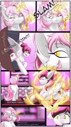 Size: 4320x7680 | Tagged: safe, artist:maximus, oc, oc only, oc:siren, oc:solaria, oc:sunlight stellaris, pegasus, pony, unicorn, comic, horn, magic, pegasus oc, telekinesis, unicorn oc