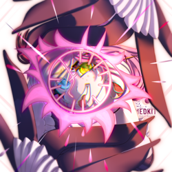 Size: 2500x2500 | Tagged: safe, alternate version, artist:medkit, oc, oc only, oc:sonya, pegasus, pony, 3d effect, blue eye, blue light, blurry, burst light effect, chromatic aberration, colored eyebrows, colored eyelashes, colored hooves, colored pupils, colored wings, cross, dagger, ear piercing, earring, ears up, eyes open, eyeshadow, feathered wings, female, flying, freckles, fringe, glowing, glowing eyes, green eye, green light, gritted teeth, heterochromia, high res, hoof fluff, hoof on chin, in air, jewelry, lidded eyes, lipstick, long mane, looking at you, magic, makeup, mare, multicolored mane, multicolored wings, pegasus oc, pendant, perspective, piercing, raised hoof, signature, simple background, solo, spell, spread wings, sunlight, teeth, tongue out, transparent background, two toned coat, wall of tags, watermark, weapon, wings
