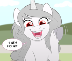 Size: 1400x1200 | Tagged: safe, artist:antstafer, oc, oc only, oc:molly moonbow, pony, unicorn, ask albino pie, albino, dialogue, female, looking at you, mare, not izzy moonbow, open mouth, open smile, red eyes, smiling, smiling at you, solo, speech bubble, talking, waving