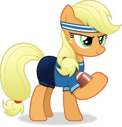 Size: 3858x4030 | Tagged: safe, artist:anime-equestria, applejack, earth pony, pony, g4, american football, clothes, female, football, headband, holding, mare, ponytail, shorts, simple background, smiling, solo, sports, transparent background, vector