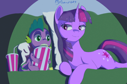 Size: 3250x2150 | Tagged: safe, artist:fly over, spike, twilight sparkle, dragon, pony, unicorn, g4, cute, drink, duo, duo male and female, female, food, frightened, high res, male, mama twilight, mare, night, pillow, popcorn, scared, smiling, spikabetes, unicorn twilight, wholesome, wingless spike