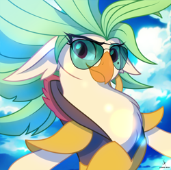 Size: 2264x2244 | Tagged: safe, artist:zidanemina, edit, captain celaeno, avian, anthro, g4, armor, blue sky, bust, cloud, ear piercing, earring, high res, jewelry, piercing, pirate, portrait, smiling, solo, sunglasses