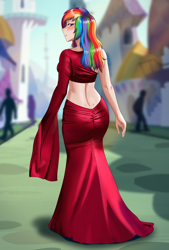 Size: 1384x2048 | Tagged: safe, artist:thebrokencog, rainbow dash, human, g4, ass, backless, beautiful, butt, clothes, cog's glamour girls, commission, dress, elegant, female, gown, humanized, long sleeves, looking at you, looking back, looking back at you, looking over shoulder, midriff, rainbow dash always dresses in style, rainbutt dash, red dress, smiling, smiling at you, solo, walking