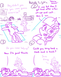 Size: 4779x6013 | Tagged: safe, artist:adorkabletwilightandfriends, spike, twilight sparkle, alicorn, dragon, pony, comic:adorkable twilight and friends, g4, adorkable, adorkable twilight, comic, cute, dork, dumbbell (object), exercise, exercise ball, exercise mat, female, happy, high angle, humor, lamp, looking at each other, looking at someone, lying down, male, mare, mat, on back, perspective, poster, relaxing, resting, slice of life, smiling, smiling at each other, twilight sparkle (alicorn), weights