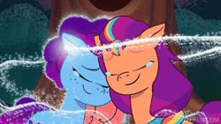 Size: 520x293 | Tagged: safe, screencap, misty brightdawn, sunny starscout, earth pony, pony, unicorn, g5, my little pony: tell your tale, sparkle school, spoiler:g5, spoiler:my little pony: tell your tale, spoiler:tyts01e58, animated, crying, female, gif, mane stripe sunny, mare, mistunny, nuzzling, rebirth misty, shipping fuel, tears of joy