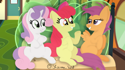 Size: 3840x2160 | Tagged: safe, artist:starry swirl, apple bloom, scootaloo, sweetie belle, earth pony, pegasus, pony, unicorn, g4, growing up is hard to do, cutie mark crusaders, female, friendship express, high res, locomotive, mare, scene interpretation, steam locomotive, train