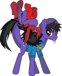 Size: 1707x2095 | Tagged: safe, artist:lightningbolt, derpibooru exclusive, bat pony, original species, pony, snake, snake pony, g4, .svg available, angry, annoyed, clothes, cobra starship, duo, duo male, ear fluff, emo, fall out boy, fangs, folded wings, forked tongue, frown, gabe saporta, hair over one eye, holding, hood, hoodie, long sleeves, looking at each other, looking at someone, male, messy mane, messy tail, pete wentz, ponified, prehensile tail, scales, shirt, show accurate, simple background, slit pupils, snake tail, stallion, standing, svg, t-shirt, tail, transparent background, upside down, vector, wings