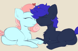 Size: 1024x677 | Tagged: oc name needed, safe, artist:marsminer, oc, oc:dogepony, earth pony, pony, unicorn, adult blank flank, blank flank, blue hair, blue mane, blue tail, boop, butt, cute, dark blue coat, dark blue fur, dock, duo, earth pony oc, eyes closed, female, floating heart, heart, horn, light blue coat, light blue fur, lying down, male, mare, nose wrinkle, noseboop, nuzzling, oc x oc, on side, pink hair, pink mane, pink tail, plot, pony oc, shipping, simple background, smiling, stallion, straight, tail, tan background, two toned hair, two toned mane, two toned tail, unicorn oc