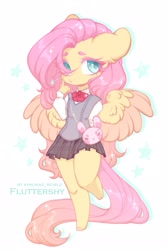 Size: 2100x3150 | Tagged: safe, artist:avroras_world, fluttershy, pegasus, anthro, unguligrade anthro, g4, big ears, clothes, cute, female, floppy ears, hair over one eye, high res, mare, school uniform, short shirt, shyabetes, simple background, skirt, solo, spread wings, white background, wings