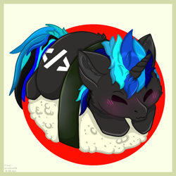 Size: 2620x2620 | Tagged: safe, artist:akirathewolf06, oc, oc only, oc:source code, pony, unicorn, blushing, cute, eyes closed, female, food, high res, horn, mare, ocbetes, rice, signature, sushi, unicorn oc