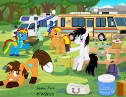 Size: 10000x7737 | Tagged: safe, artist:creedyboy124, oc, oc only, oc:ej, oc:firey ratchet, oc:gregory griffin, oc:shane park, oc:shield wing, alicorn, pegasus, pony, g4, backpack, bag, basket, cellphone, colored wings, cooler, date, drink, food, fox tail, lantern, male, mountain, multicolored wings, phone, picnic, rv, show accurate, signature, suitcase, table, tail, tree, vehicle, wings