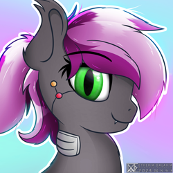 Size: 1914x1914 | Tagged: safe, artist:etheria galaxia, oc, oc only, oc:bitwise operator, bat pony, cyborg, pony, ear tufts, fangs, looking at you, watermark