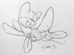 Size: 3369x2530 | Tagged: safe, artist:memprices, pegasus, pony, base, flying, high res, monochrome, open mouth, open smile, pencil drawing, pose, simple background, sketch, smiling, spread wings, traditional art, white background, wings, wip