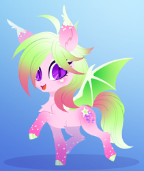 Size: 2940x3491 | Tagged: safe, artist:belka-sempai, oc, oc only, oc:limelight, bat pony, pony, bat pony oc, chest fluff, fangs, high res, smiling, solo, spread wings, wings