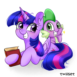 Size: 1080x1080 | Tagged: safe, artist:twiliset, spike, twilight sparkle, alicorn, dragon, pony, g4, book, cute, female, gritted teeth, looking at each other, looking at someone, male, mama twilight, mare, simple background, sitting, smiling, spikabetes, spikelove, standing, teeth, twiabetes, twilight sparkle (alicorn), white background, wings