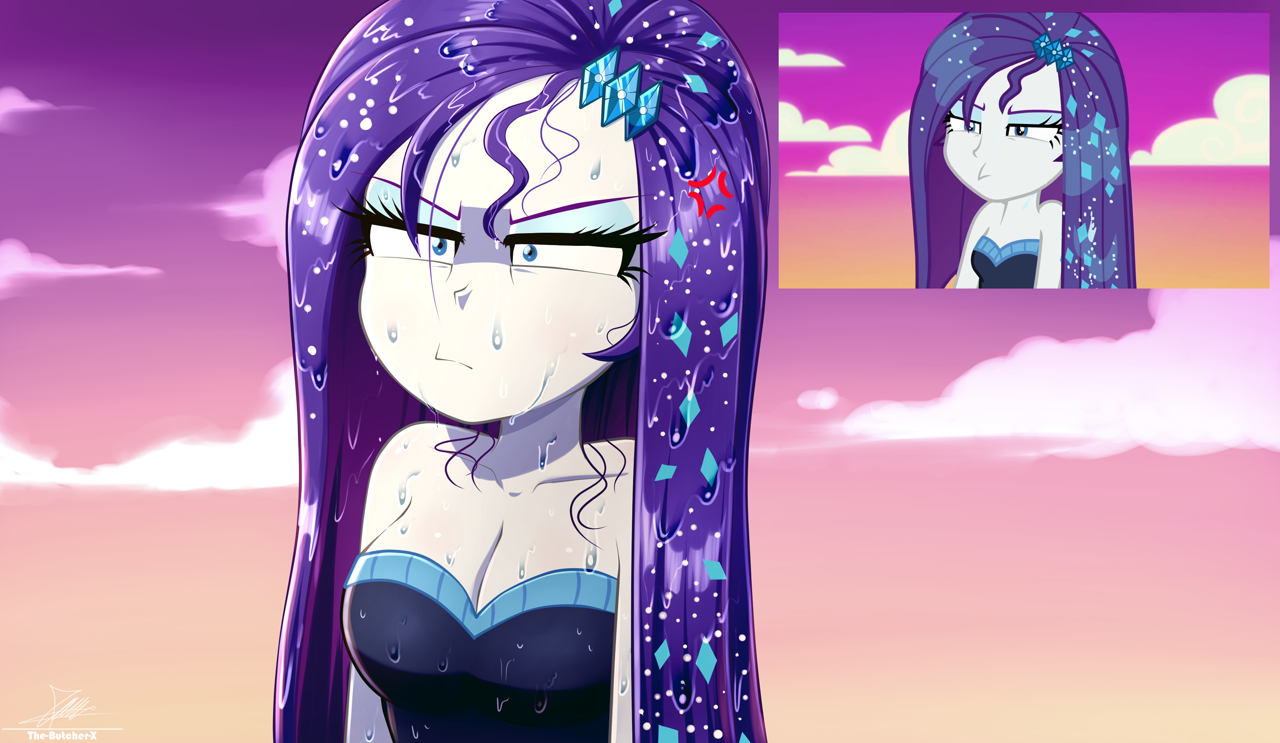 [artist:the-butch-x,blooper,breasts,cleavage,equestria girls,female,rarity,safe,screencap,solo,unamused,water,wet,wet hair,wet hairity,rarity is not amused,strapless,cross-popping veins,sleeveless,lidded eyes,bare shoulders,emanata,equestria girls series,the other side,spoiler:eqg series (season 2),do it for the ponygram!,the other side bloopers,screencap reference]