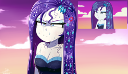 Size: 3334x1934 | Tagged: safe, artist:the-butch-x, screencap, rarity, human, do it for the ponygram!, equestria girls, g4, my little pony equestria girls: better together, the other side, bare shoulders, blooper, breasts, cleavage, cross-popping veins, emanata, female, lidded eyes, rarity is not amused, scene interpretation, screencap reference, sleeveless, solo, strapless, the other side bloopers, unamused, water, wet, wet hair, wet hairity