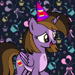 Size: 600x600 | Tagged: safe, artist:noi kincade, oc, oc only, oc:princess kincade, alicorn, pony, g4, alicorn oc, birthday, female, happy, hat, horn, party hat, solo, wings