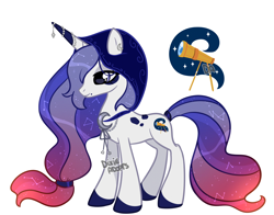 Size: 2000x1571 | Tagged: safe, artist:dixieadopts, oc, oc only, oc:midnight star, pony, unicorn, beauty mark, body markings, colored hooves, colored horn, crescent moon, ear piercing, earring, ethereal mane, facial markings, female, gradient mane, gradient tail, hood, horn, horn jewelry, jewelry, mare, moon, multicolored horn, offspring, parent:oc, parent:princess luna, parents:canon x oc, piercing, simple background, solo, standing, starry mane, starry tail, tail, transparent background