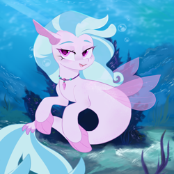 Size: 2000x2000 | Tagged: safe, artist:thieftea, silverstream, fish, seapony (g4), g4, blue mane, blue tail, bubble, coral, crepuscular rays, cute, digital art, dorsal fin, female, fin, fin wings, fins, fish tail, flowing mane, flowing tail, high res, jewelry, lidded eyes, looking at you, necklace, ocean, open mouth, open smile, pink eyes, scales, seapony silverstream, seaweed, smiling, smiling at you, solo, sunlight, swimming, tail, teeth, underwater, water, wings