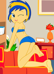 Size: 1856x2544 | Tagged: safe, artist:mlpfan3991, oc, oc only, oc:flare spark, human, equestria girls, g4, ass, barefoot, bikini, bikini bottom, blue bikini, blue swimsuit, butt, clothes, couch, desk, feet, female, flower, furniture, indoors, legs, looking at you, looking back, looking back at you, one eye closed, open mouth, plant, pose, sexy, solo, swimsuit, vase, wink, winking at you