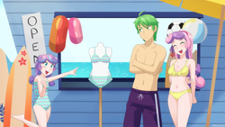 Size: 1200x675 | Tagged: safe, artist:riouku, princess flurry heart, spike, sweetie belle, human, g4, beach, bikini, breasts, busty sweetie belle, clothes, commission, commissioner:vatobot17, female, flurryspike, humanized, male, older, older flurry heart, older spike, older sweetie belle, one-piece swimsuit, pouting, ship:spikebelle, shipping, straight, swimsuit, uncle spike, yellow bikini, yellow swimsuit