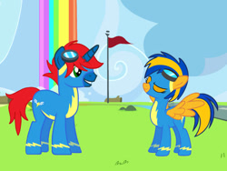 Size: 828x621 | Tagged: safe, artist:ry-bluepony1, oc, oc only, oc:flare spark, oc:train track, pegasus, pony, unicorn, g4, clothes, female, goggles, goggles on head, male, smiling, uniform, wings, wonderbolts, wonderbolts headquarters, wonderbolts uniform