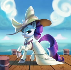 Size: 2048x2017 | Tagged: safe, artist:brdte, rarity, pony, unicorn, g4, ppov, clothes, dock, dress, ear piercing, earring, female, hat, high res, jewelry, lidded eyes, looking at you, mare, ocean, open mouth, open smile, pier, piercing, raised hoof, raristocrat, rose dewitt bukater, smiling, smiling at you, solo, tail, titanic, water