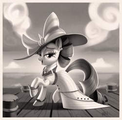Size: 2048x2017 | Tagged: safe, alternate version, artist:brdte, rarity, pony, unicorn, g4, black and white, clothes, dock, dress, ear piercing, earring, female, grayscale, hat, high res, jewelry, lidded eyes, looking at you, mare, monochrome, ocean, open mouth, open smile, photo, pier, piercing, raised hoof, raristocrat, rose dewitt bukater, smiling, smiling at you, solo, tail, titanic, water