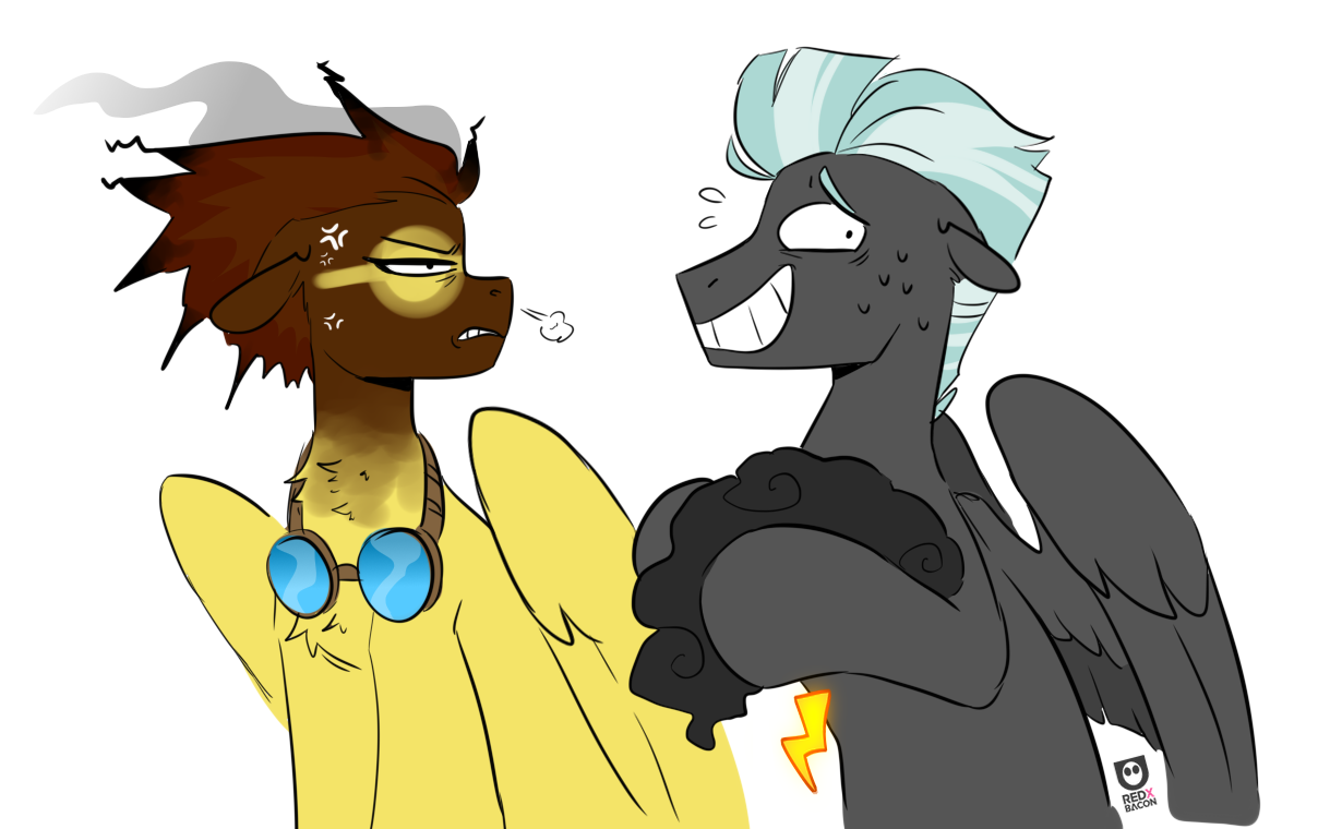 [angry,burned,chest fluff,duo,glare,goggles,lightning bolt,pegasus,pony,safe,simple background,smoke,snorting,spitfire,storm,stormcloud,sweat,sweatdrops,teeth,thunderlane,unamused,white background,wings,gritted teeth,looking away,sheepish grin,cross-popping veins,artist:redxbacon,white lightning,emanata,spitfire is not amused,ears back,partially open wings,faceful of ash]